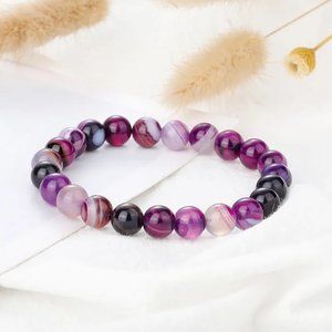 Unisex 8mm Purple Agate Natural Stone Beaded Adjustable Rope Bracelet NEW